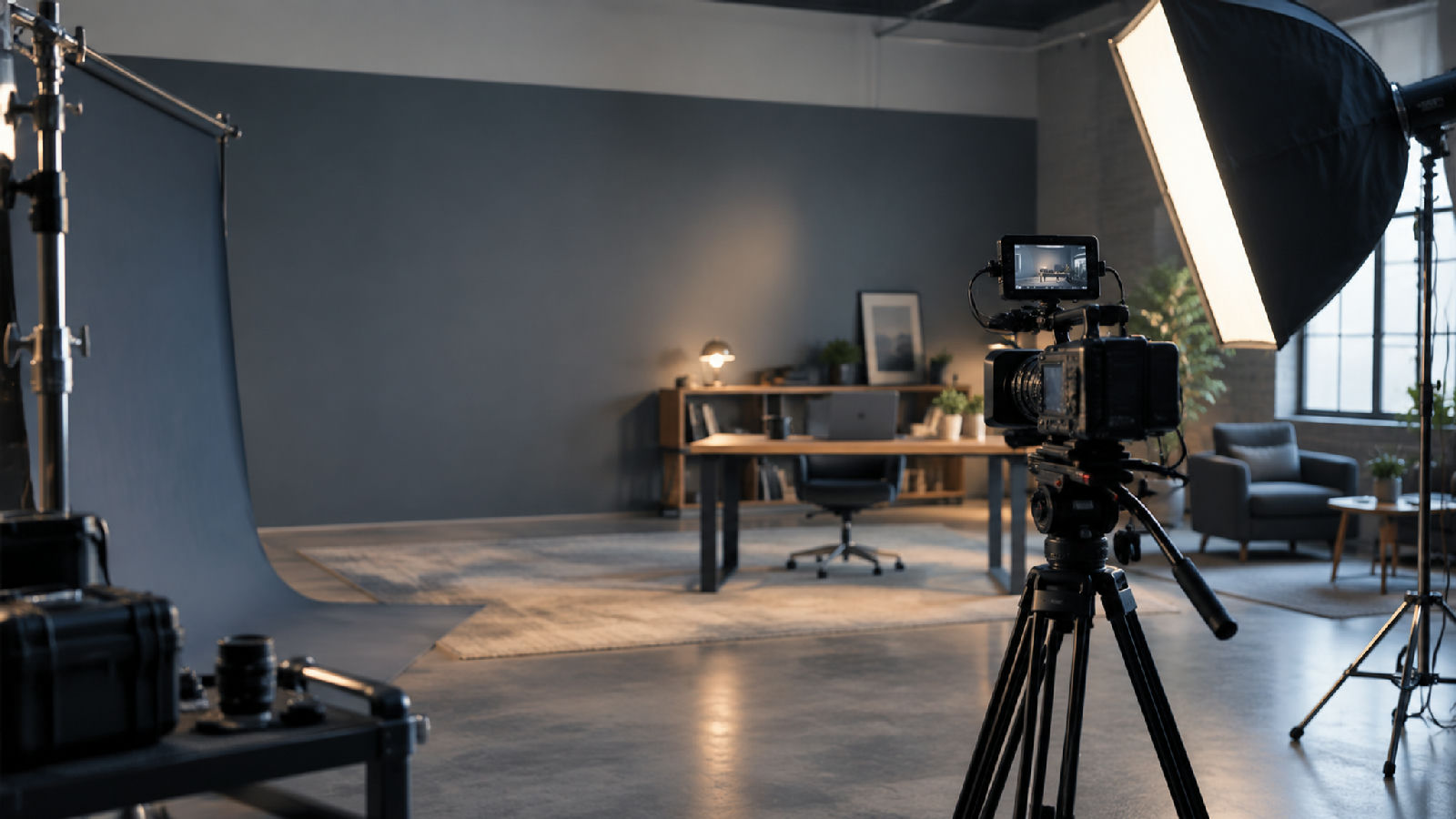 Video studio set up for a campaign shoot, with a camera and softbox light in the foreground