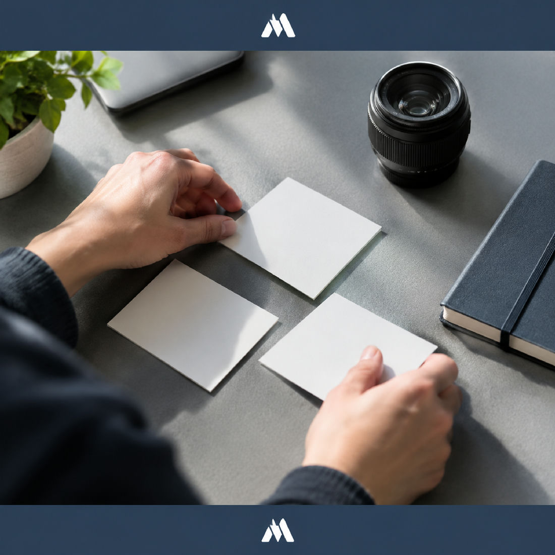 Hands arranging blank planning cards beside a camera lens and a closed notebook on a slate-gray desk